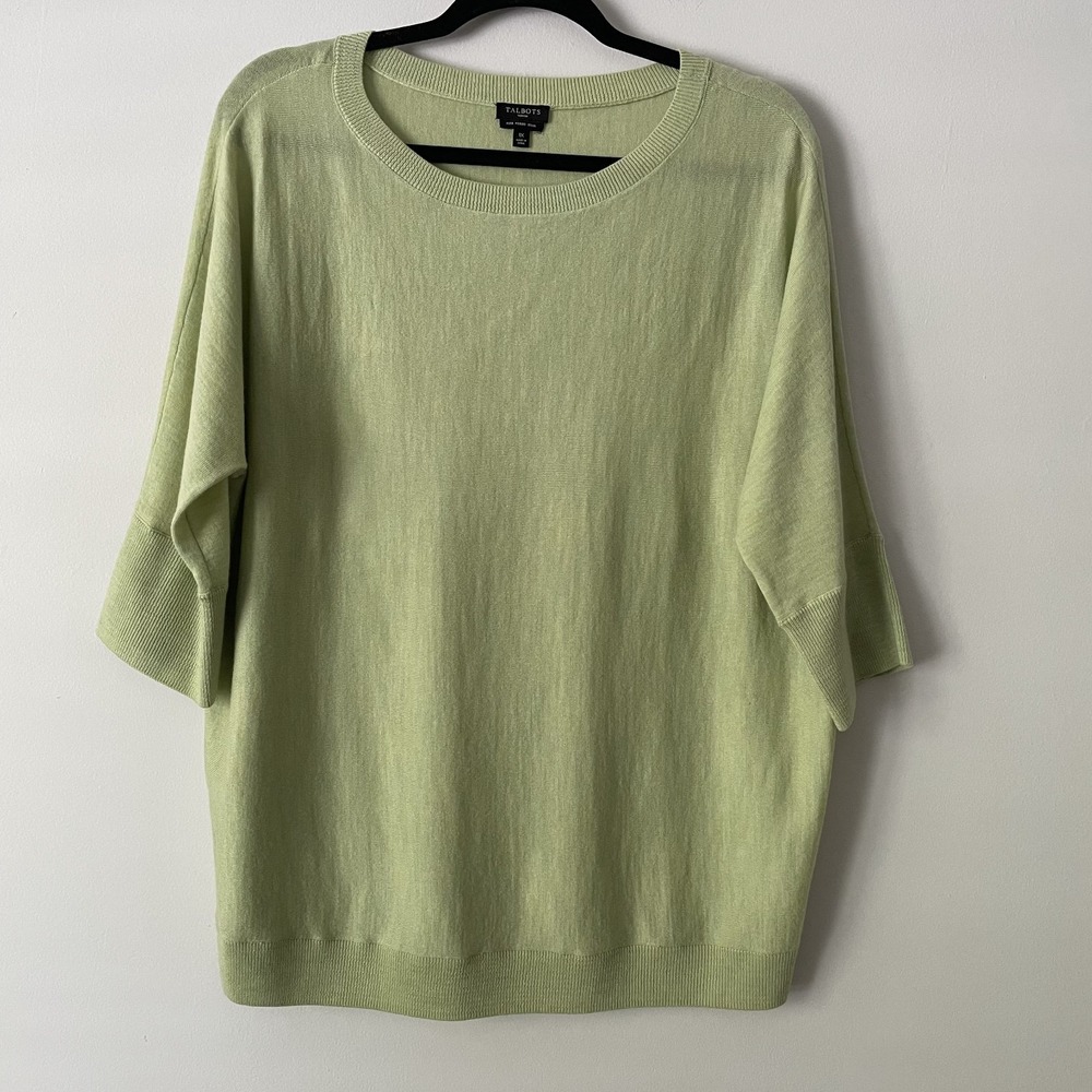 Talbots Merino Wool 3/4 Sleeve Knit Sweater Green Sz 1X Button Cuff Quiet Luxury